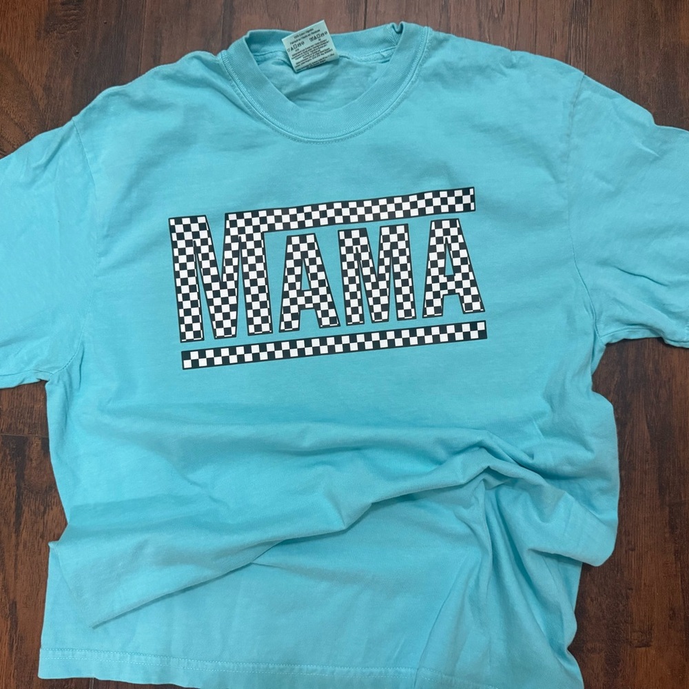 Comfort Colors Turquoise 'MAMA' Checkerboard Graphic Tee